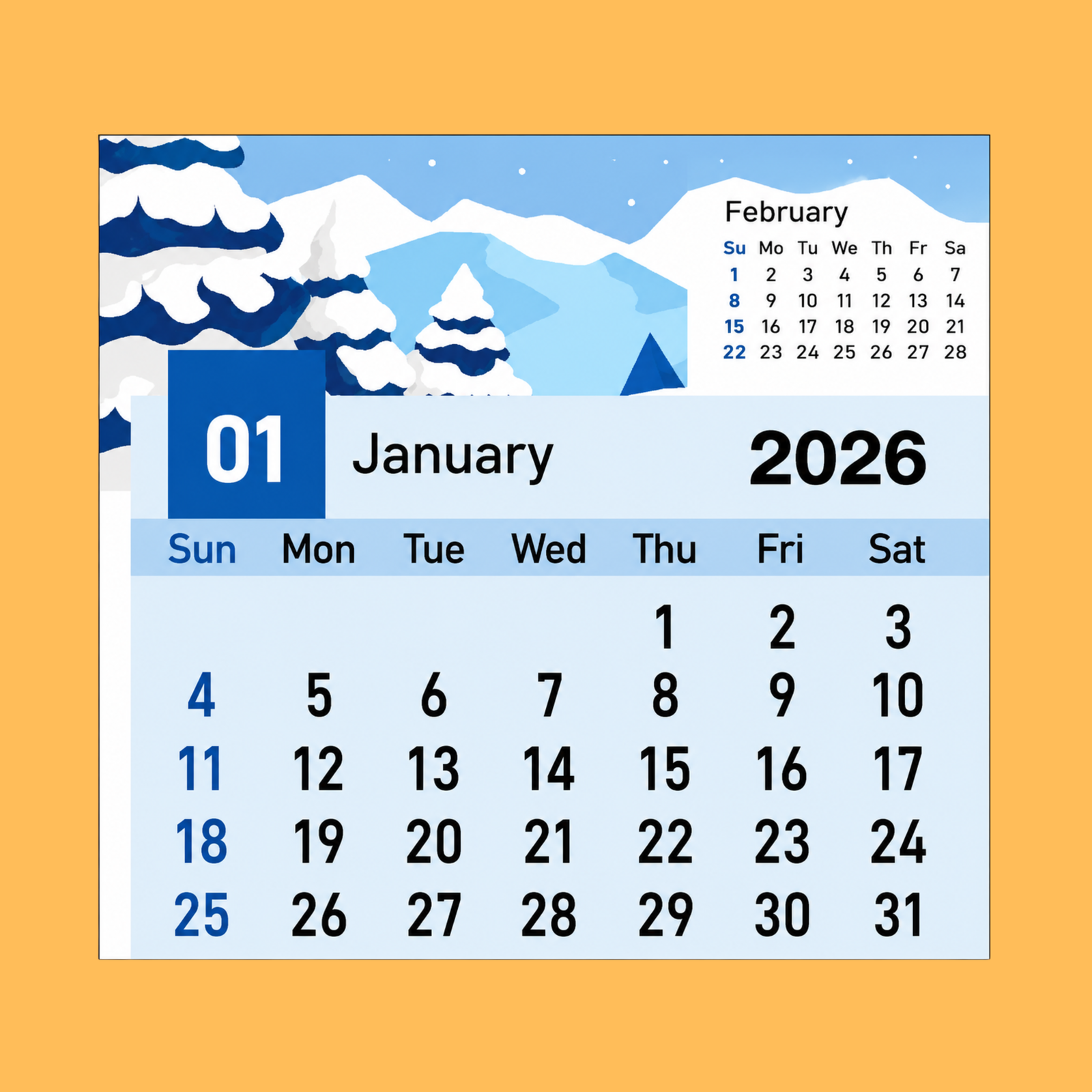 MOUNTAIN WINTER SCENERY DASK TABLE CALENDER