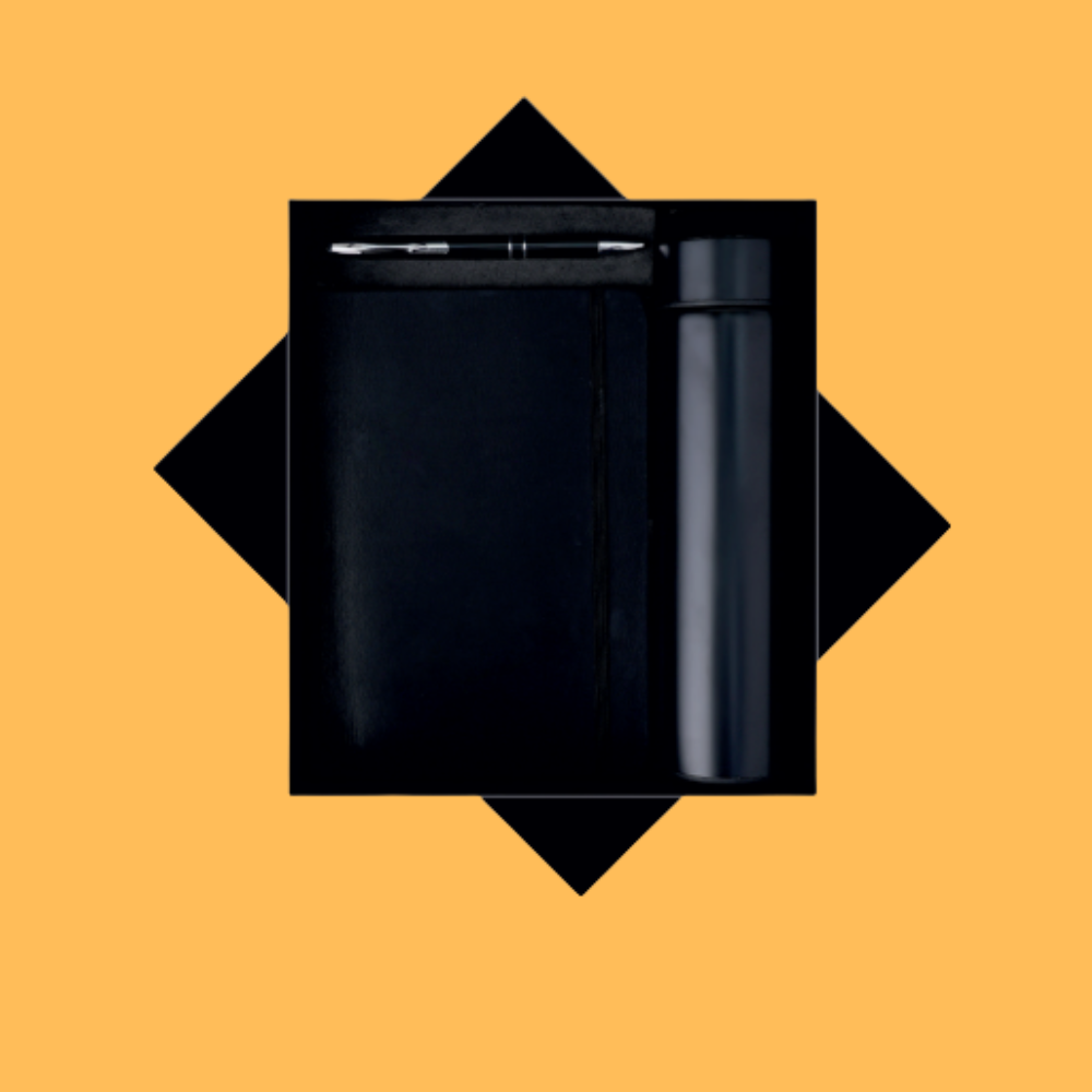 PREMIUM DARK NOTEBOOK, PEN, AND BOTTLE