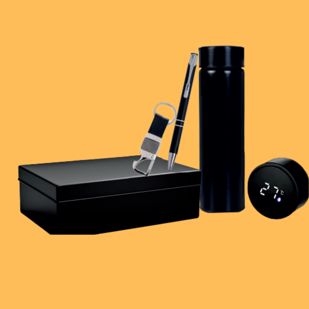 PREMIUM GLOSSY BLACK NOTEBOOK, PEN, AND BOTTLE