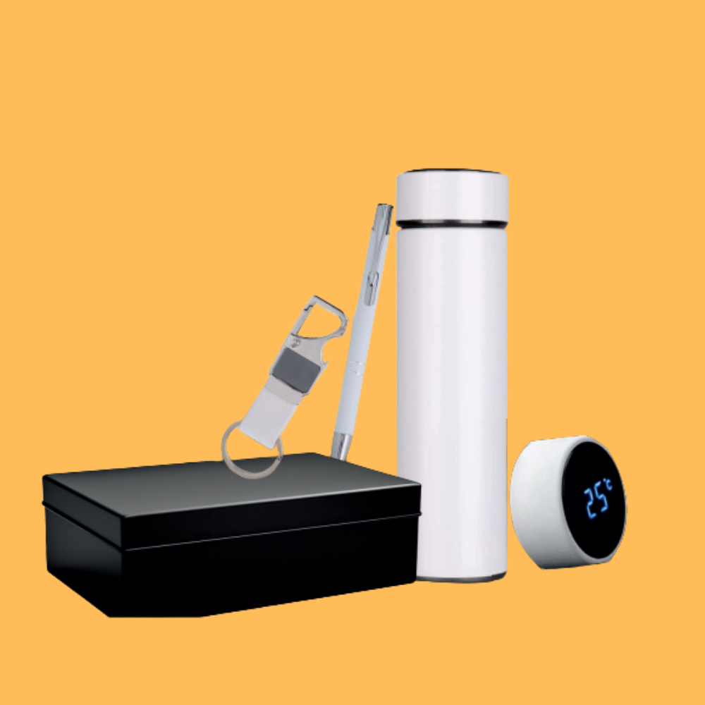 PREMIUM GLOSSY WHITE NOTEBOOK, PEN, AND BOTTLE