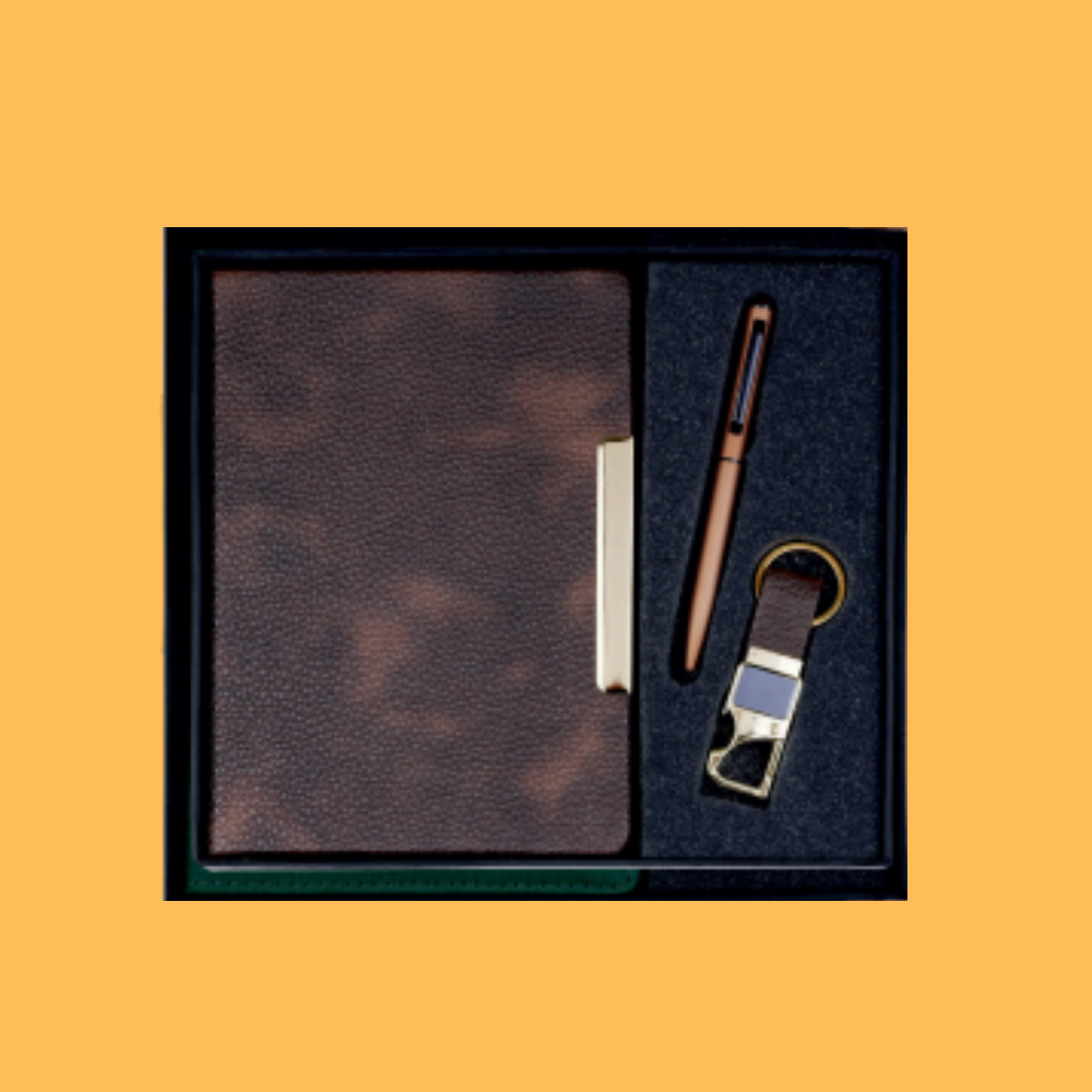 PREMIUM BROWN NOTEBOOK, PEN, AND KEY CHAIN