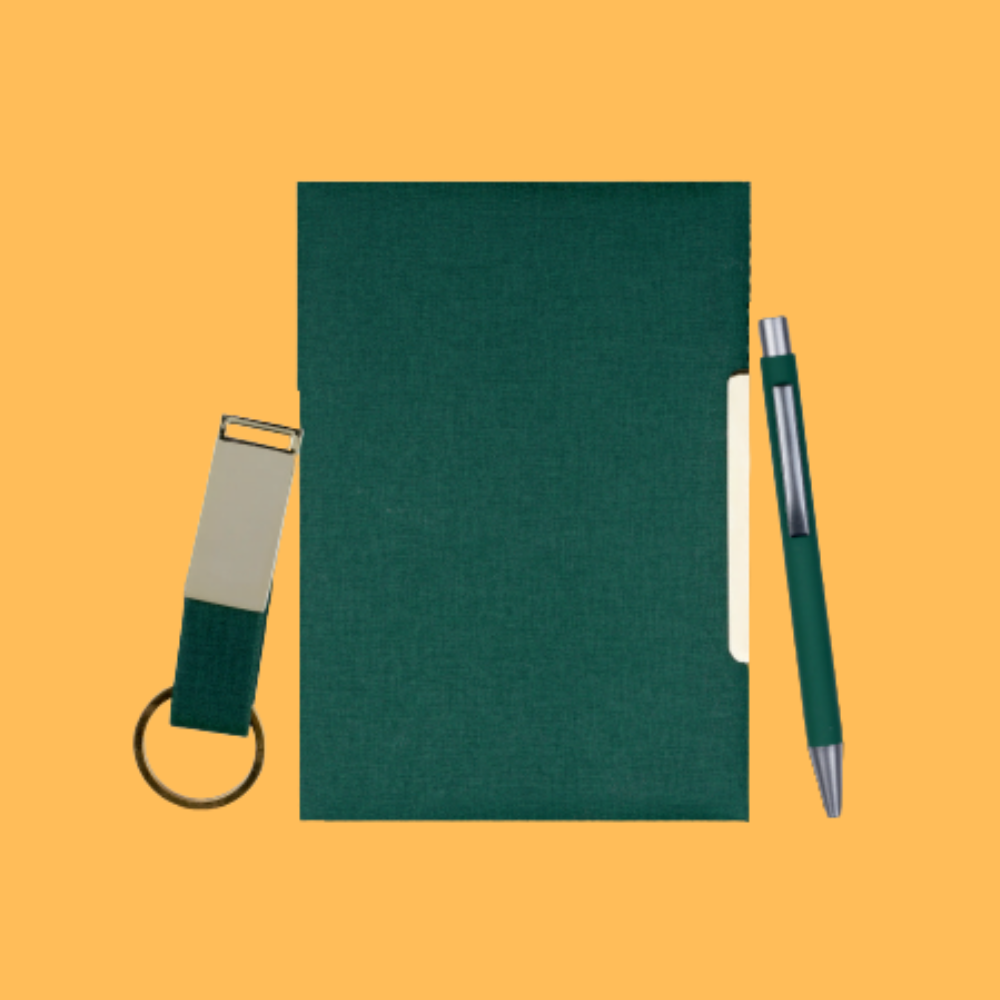 PREMIUM GREEN CANVAS NOTEBOOK, METAL PEN AND KEY CHAIN