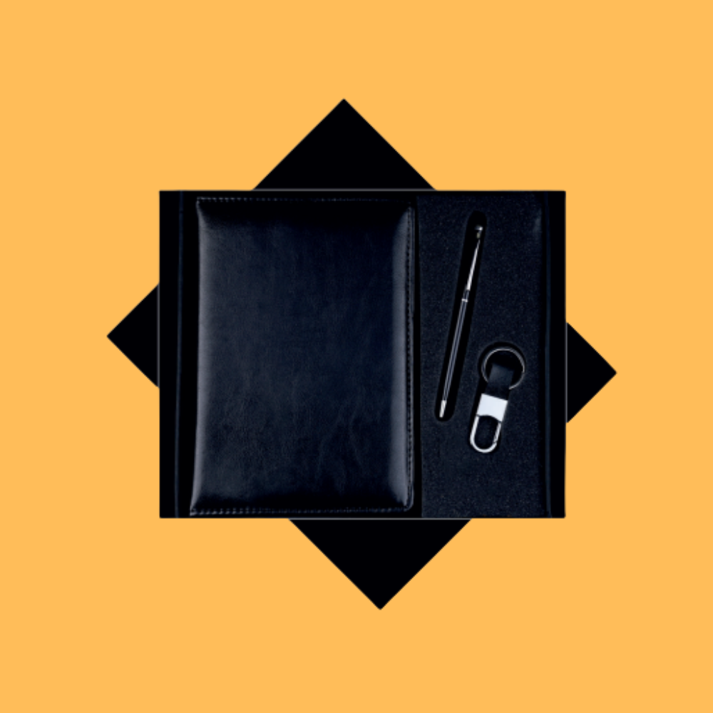PREMIUM BLACK NOTEBOOK, METAL PEN AND KEY CHAIN