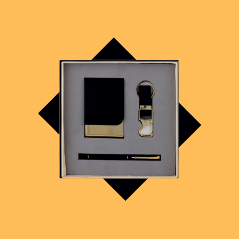 PREMIUM BLACK FLAP-UP CARD HOLDER, METAL PEN AND KEY CHAIN